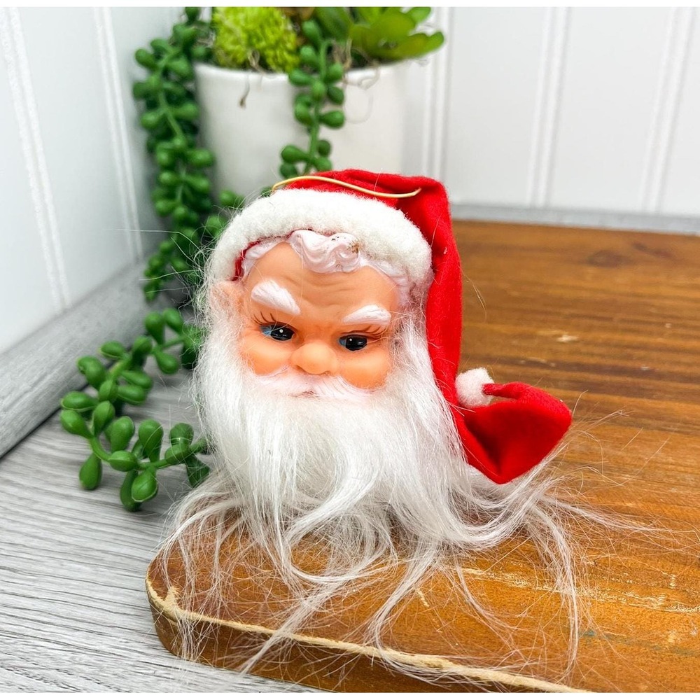 Vintage Kitschy Santa Ornament: Retro Plastic Santa Head with Felt Hat